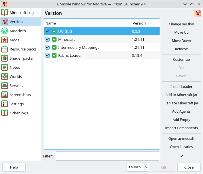 Prism Launcher screenshot showing the instance management user-interface