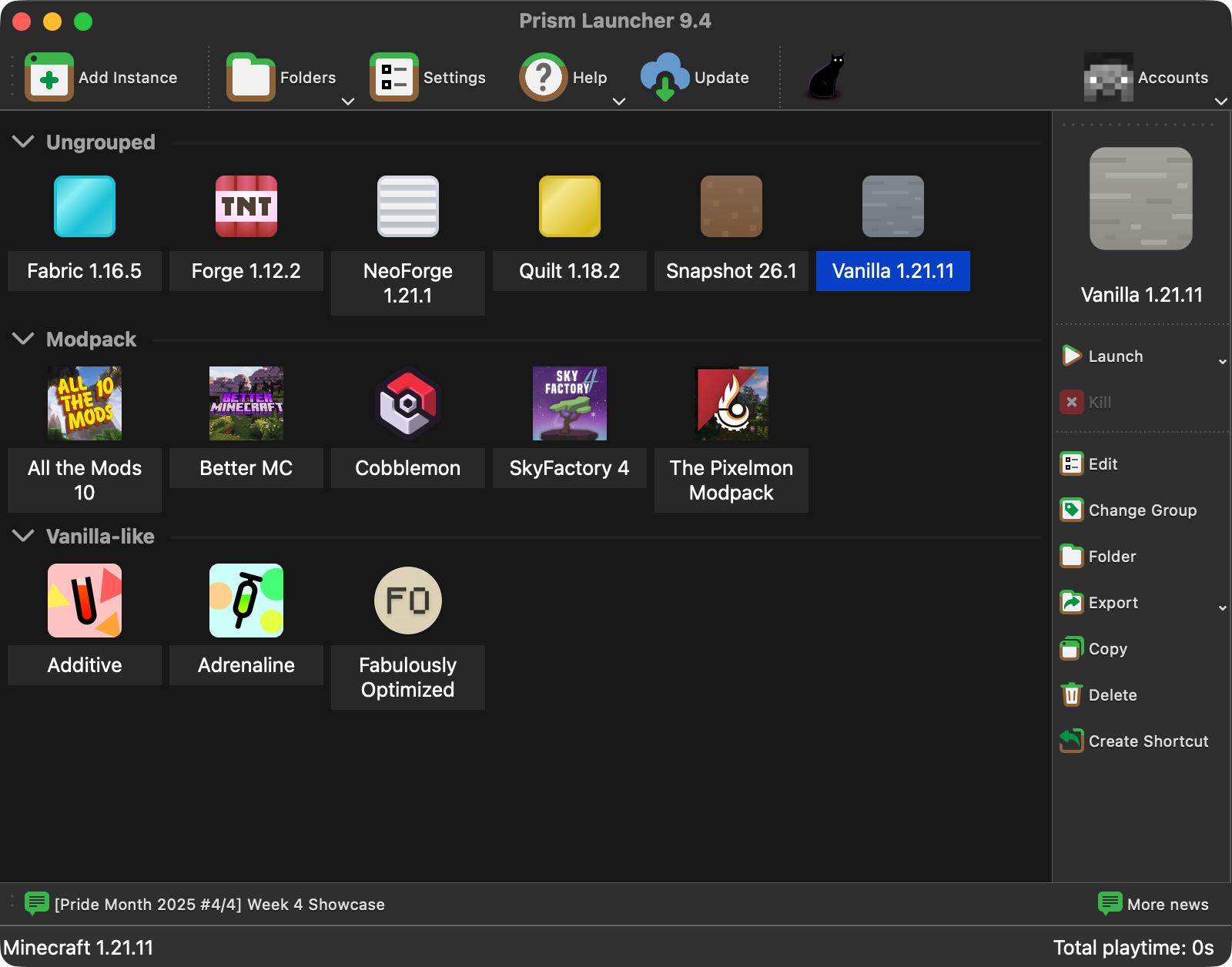 Prism Launcher screenshot showing off various different modpacks and instances