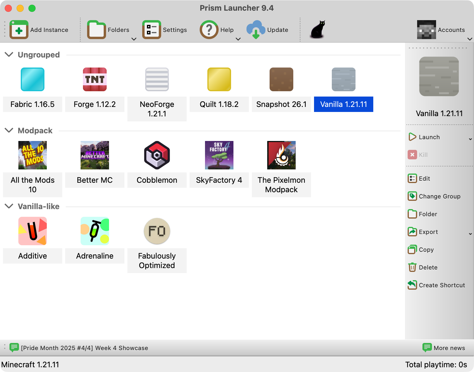 Prism Launcher screenshot showing off various different modpacks and instances