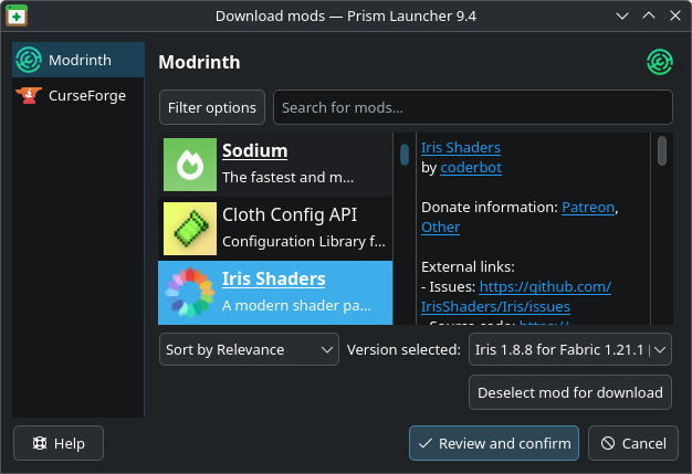Prism Launcher screenshot showing the mod installation user-interface