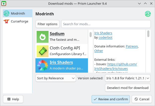 Prism Launcher screenshot showing the mod installation user-interface
