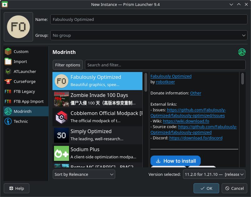 Prism Launcher screenshot showing the modpack installation user-interface