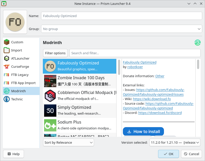 Prism Launcher screenshot showing the modpack installation user-interface