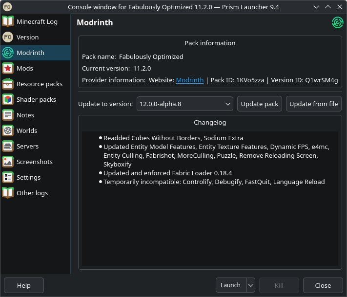 Prism Launcher screenshot showing the modpack updating user-interface