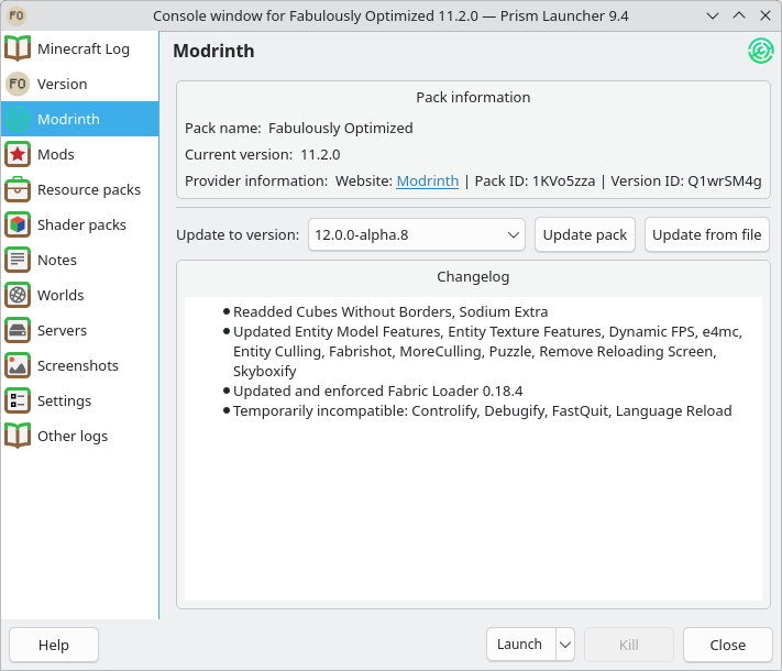 Prism Launcher screenshot showing the modpack updating user-interface