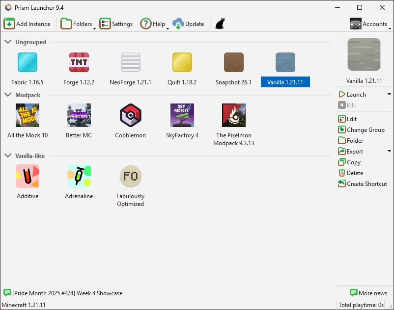 Prism Launcher screenshot showing off various different modpacks and instances