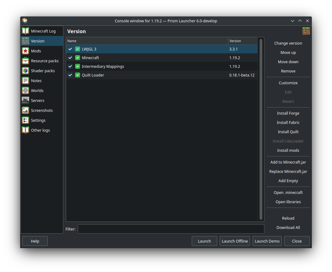 Version tab under PrismLauncher Instances