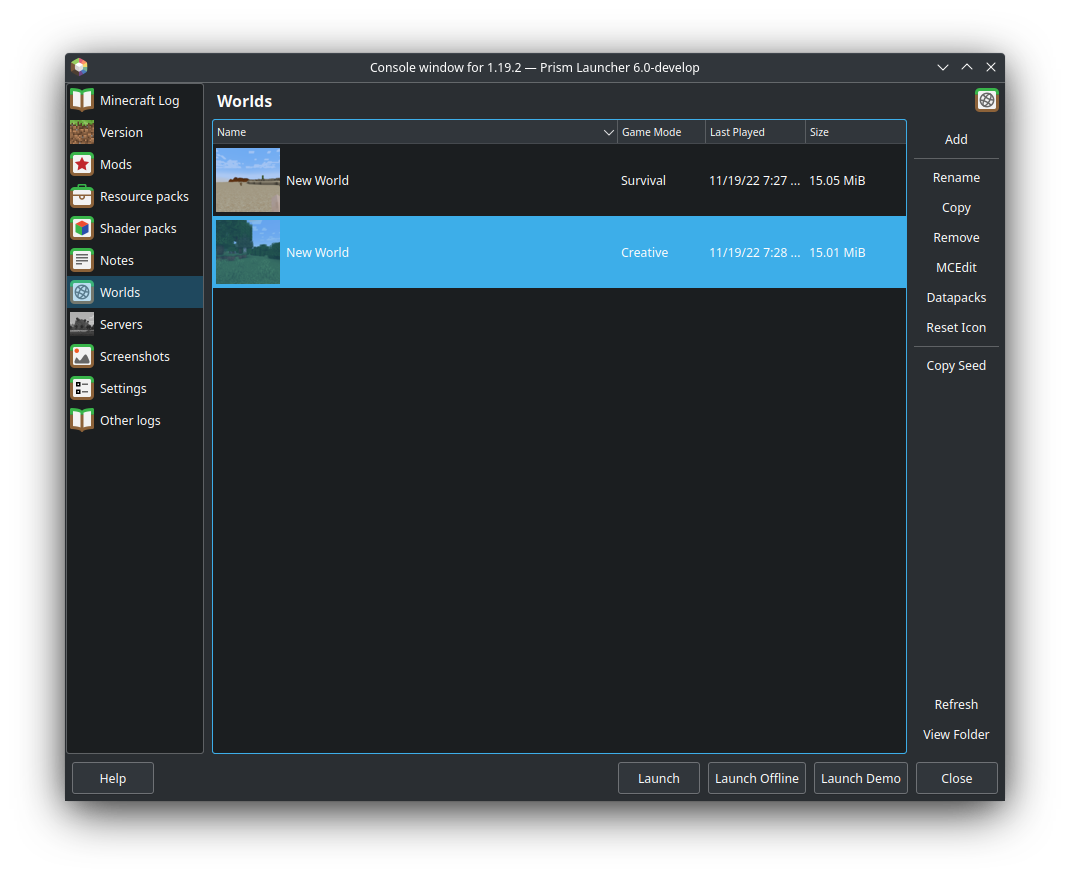 Worlds tab under PrismLauncher Instances