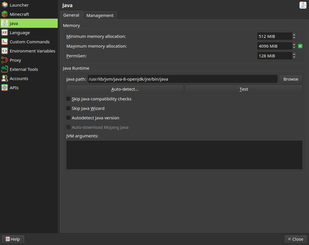 Java tab under Prism Launcher settings