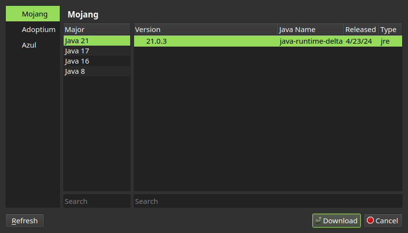 Java Download section of java tab under Prism Launcher settings