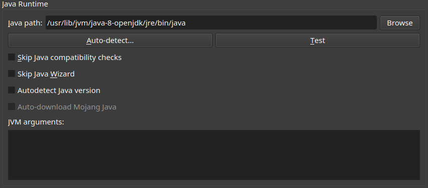 Java Runtime section of java tab under Prism Launcher settings