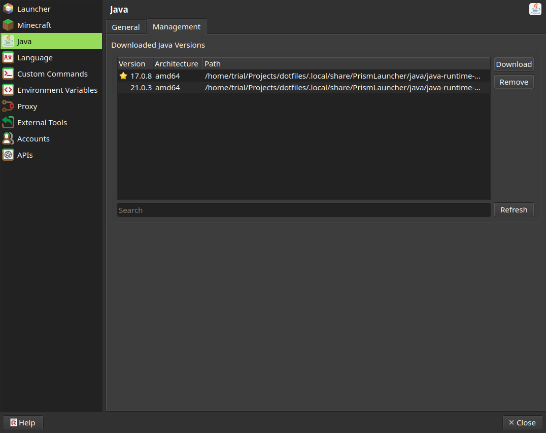 Java Management section of java tab under Prism Launcher settings