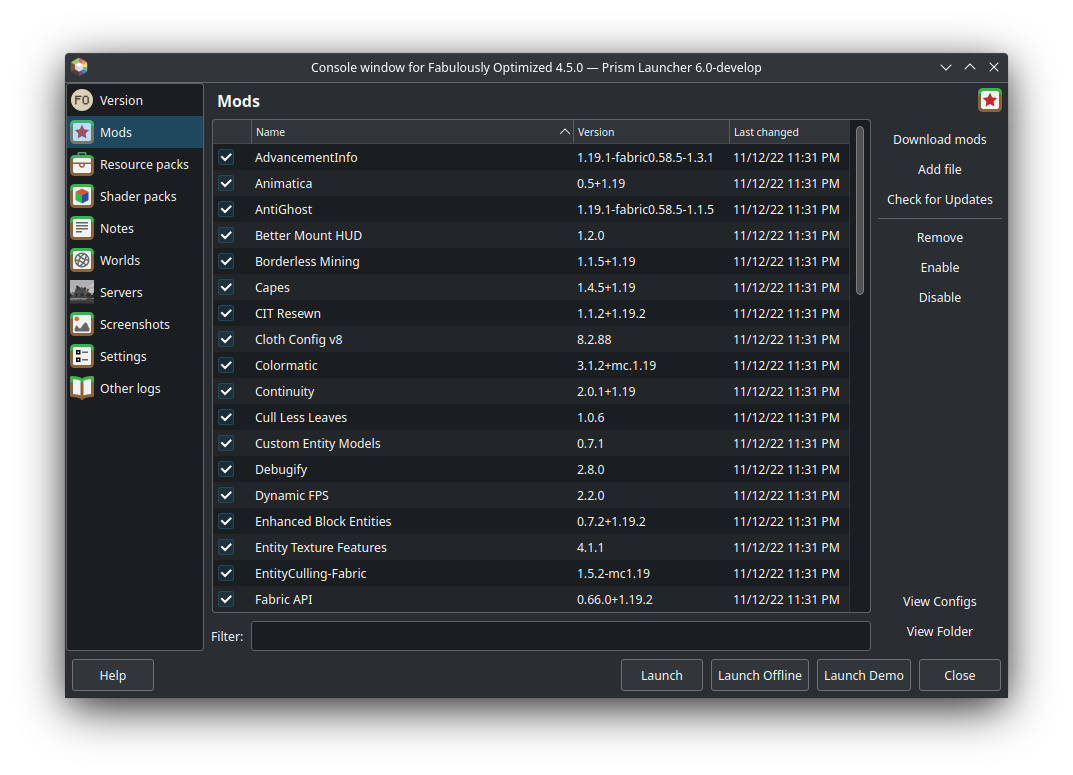 Mods tab under PrismLauncher settings