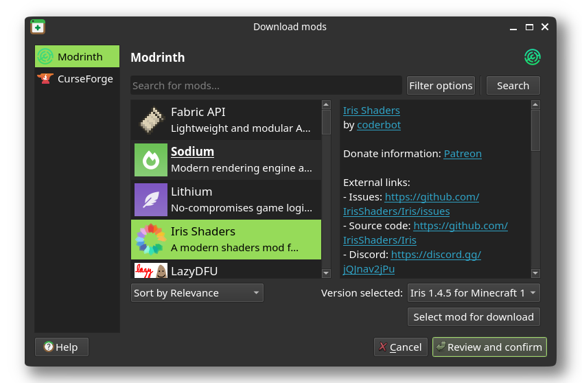 Mod downloader on mods tab under Prism Launcher settings
