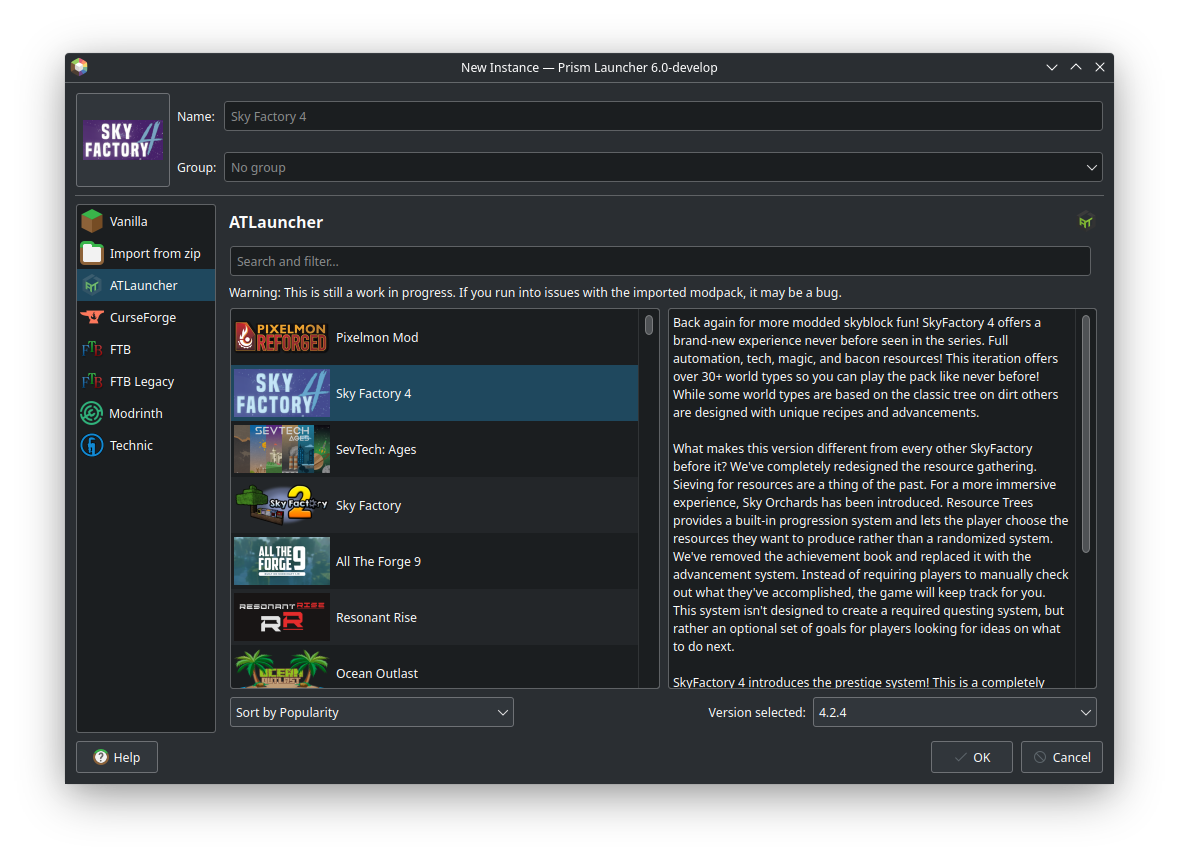 Launcher tab under PrismLauncher New Instances