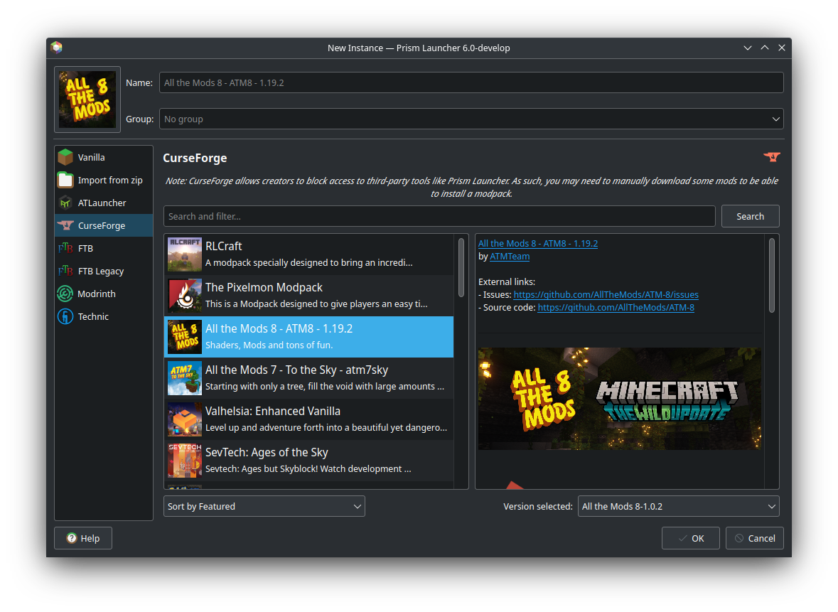 CurseForge tab under PrismLauncher New Instances