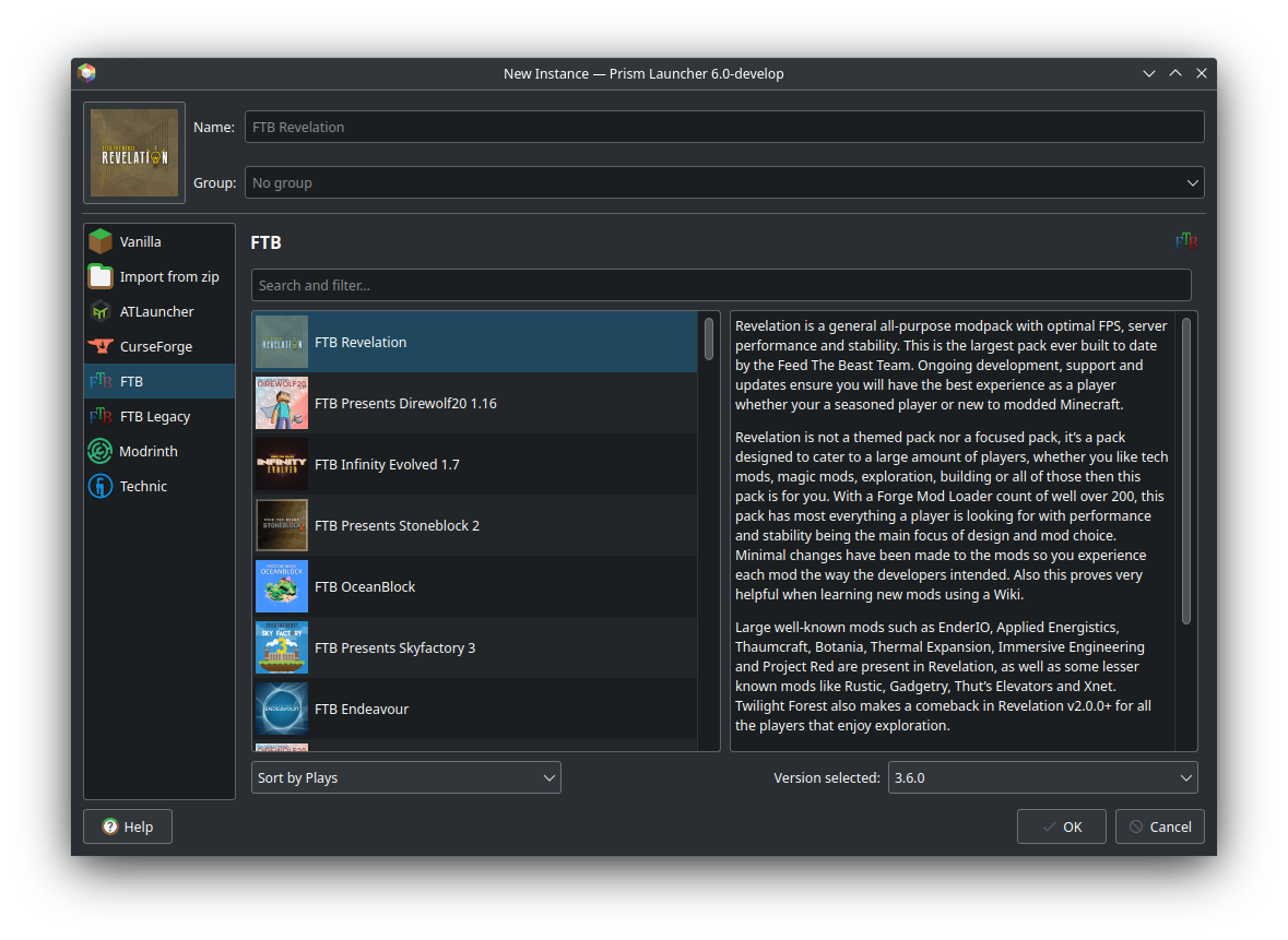 FTB tab under PrismLauncher New Instances