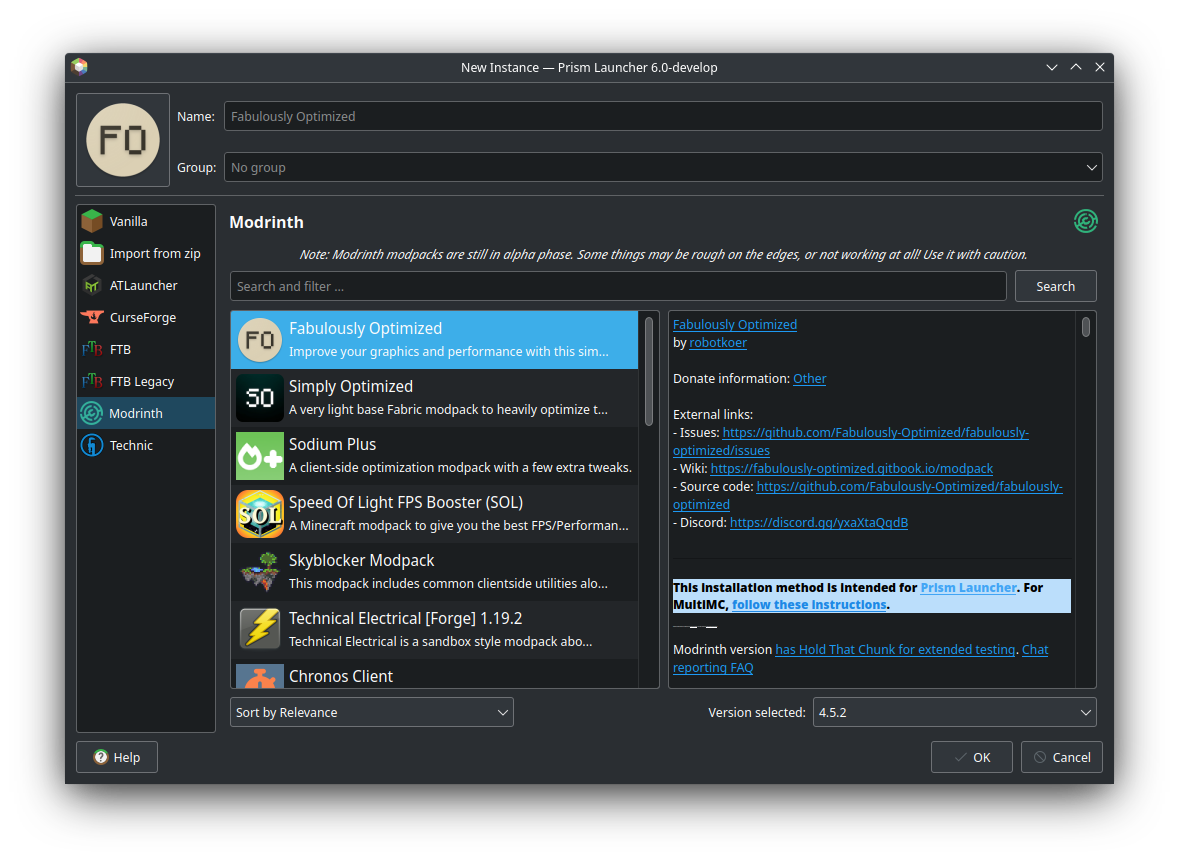 Modrinth tab under PrismLauncher New Instances