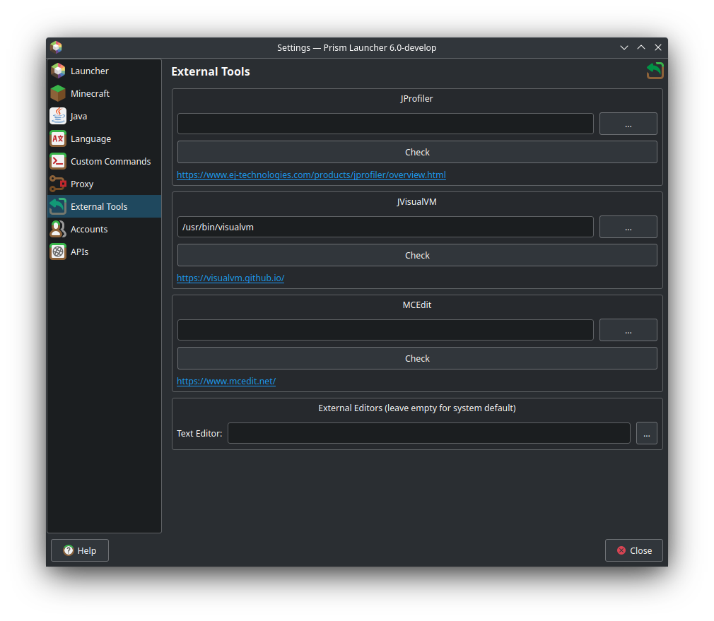 External Tools tab under PrismLauncher settings