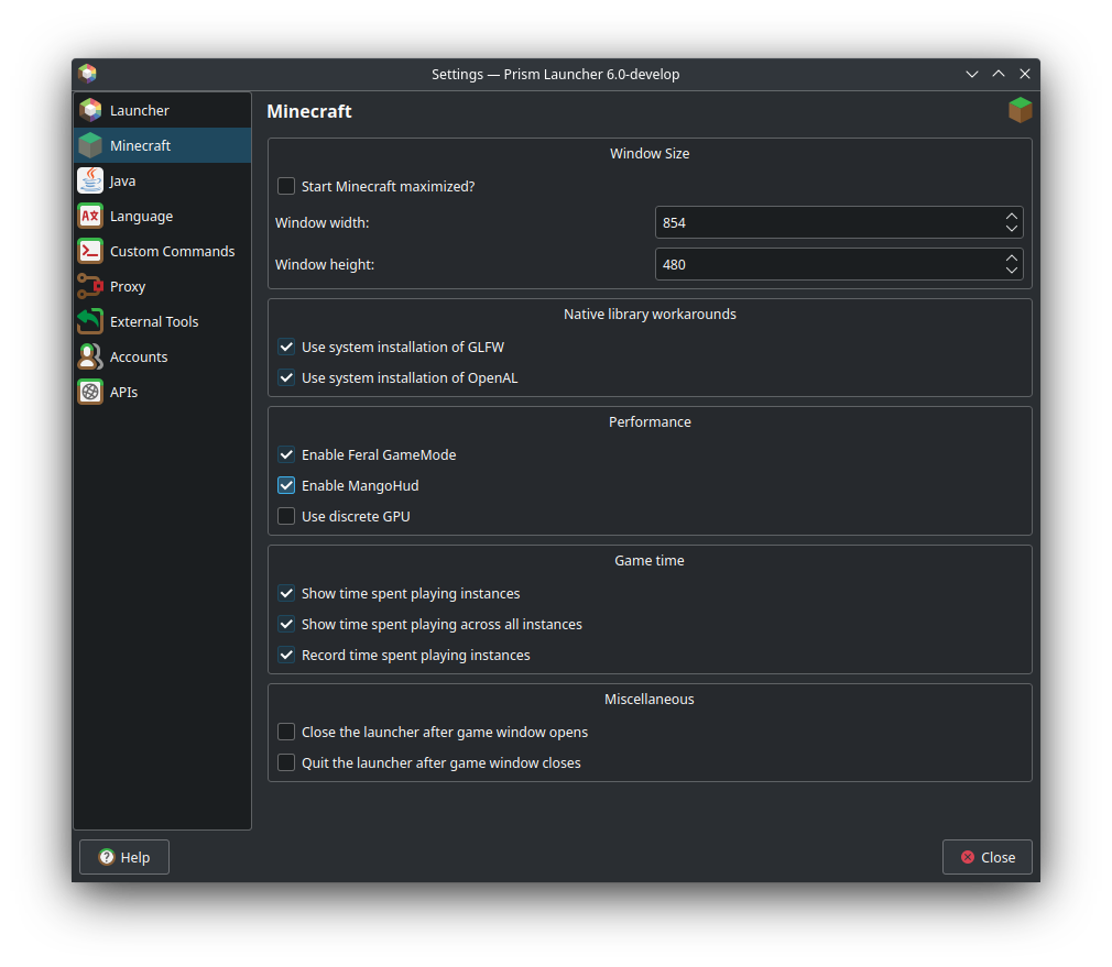 Minecraft tab under PrismLauncher settings