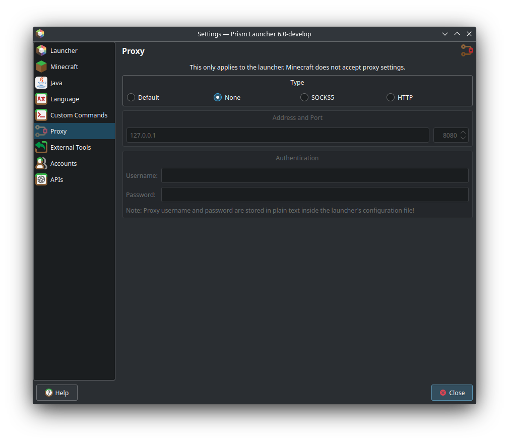 Proxy tab under PrismLauncher settings